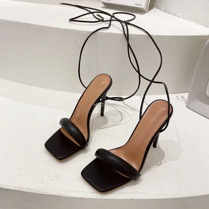 

2022 Summer New Ankle Strap Green Women's High Heels Sandals Square Toe Female Party Ballroom Feast Shoes Sandalias De Mujer