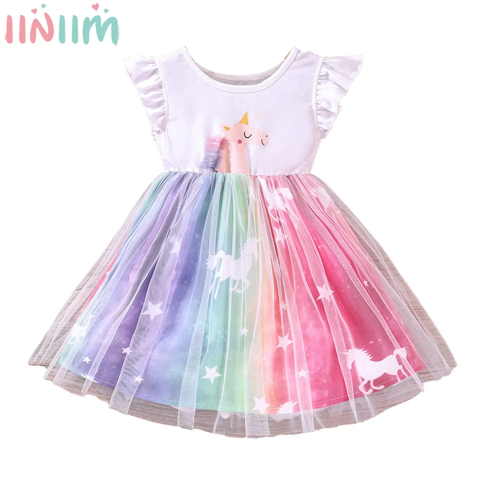 

Toddler Girls Princess Dress Cute Cartoon Pattern Print Mesh Rainbow Tutu Party Dresses for Baptism Birthday Evening Daily Wear