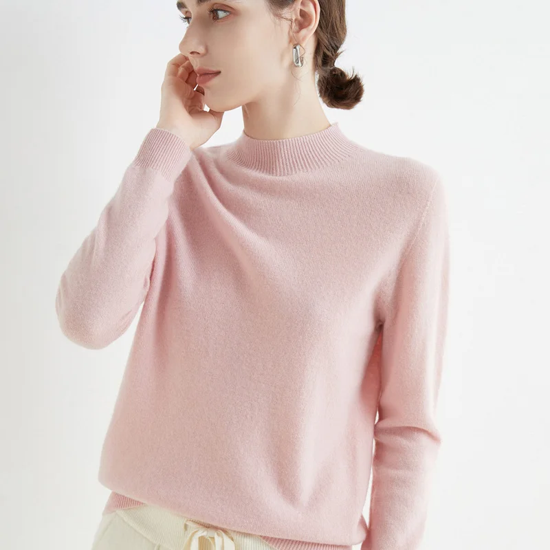 Half Turtleneck Women's Pullover 100% Wool Sweater Fashion Cropped Loose Long Sleeve Cashmere Knit New 22 Seamless |