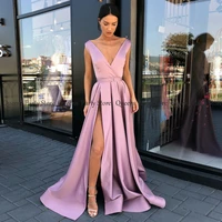 a line satin prom dress sexy deep v neck sleeveless high slit sweep train formal gown simple evening dresses robe de soiree