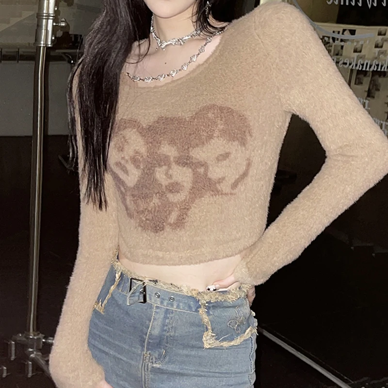 

Y2k clothes Asymmetrical rhinestone chain plush short slant collar long-sleeved T-shirt women's autumn and winter slim top