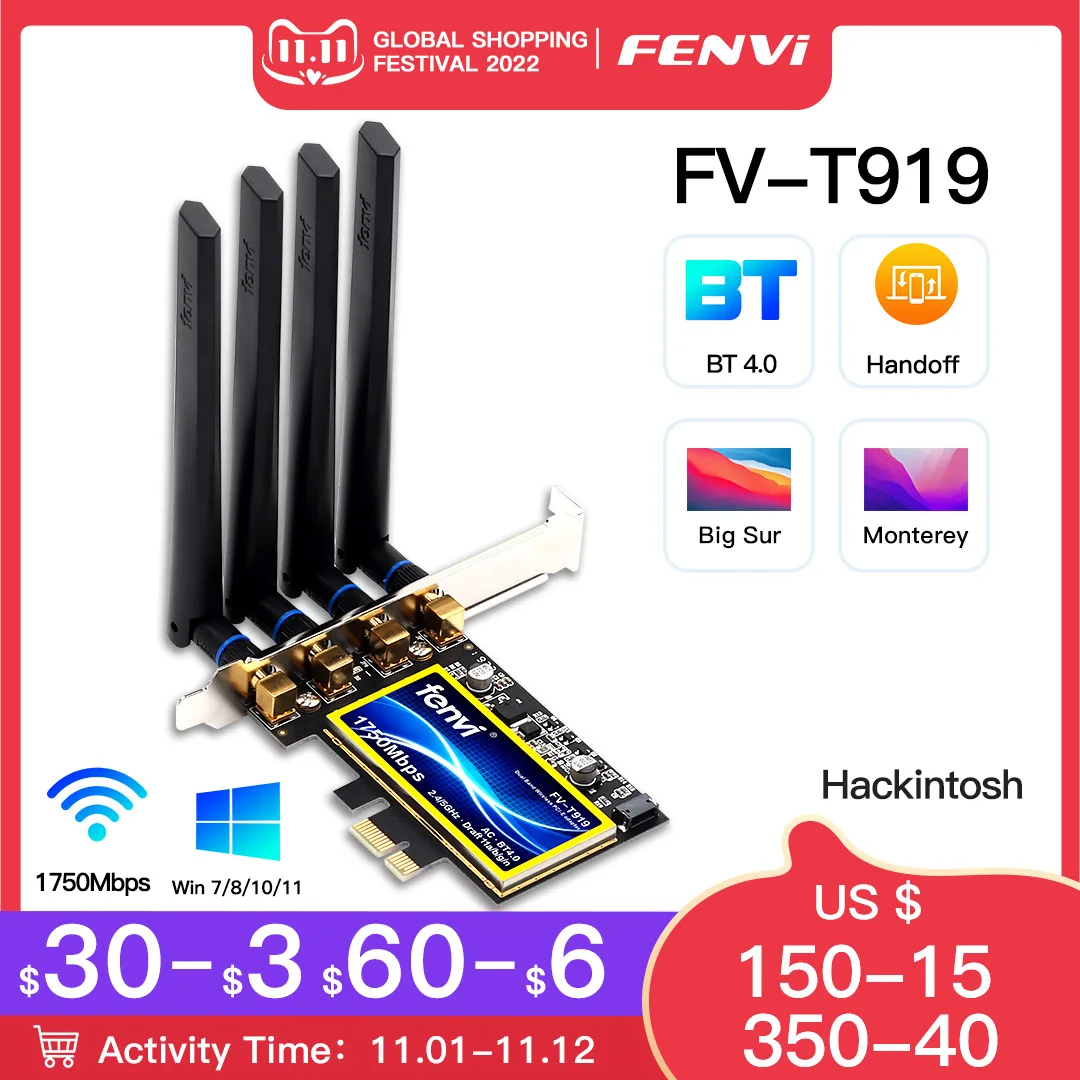 

PCIe Wi-Fi карта Fenvi T919 для настольного ПК, 1750 Мбит/с, BCM94360 для MacOS Hackintosh 802.11AC Bluetooth 4,0, двухдиапазонный беспроводной адаптер Win10