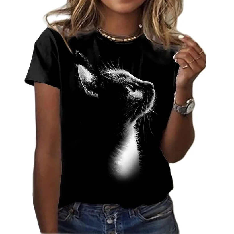 New Summer Fashionable Women's Shirt T-shirt 3d Cat Print Black Kawaii Top Street Outdoor Party Camping Clothes Girl Charm Breat