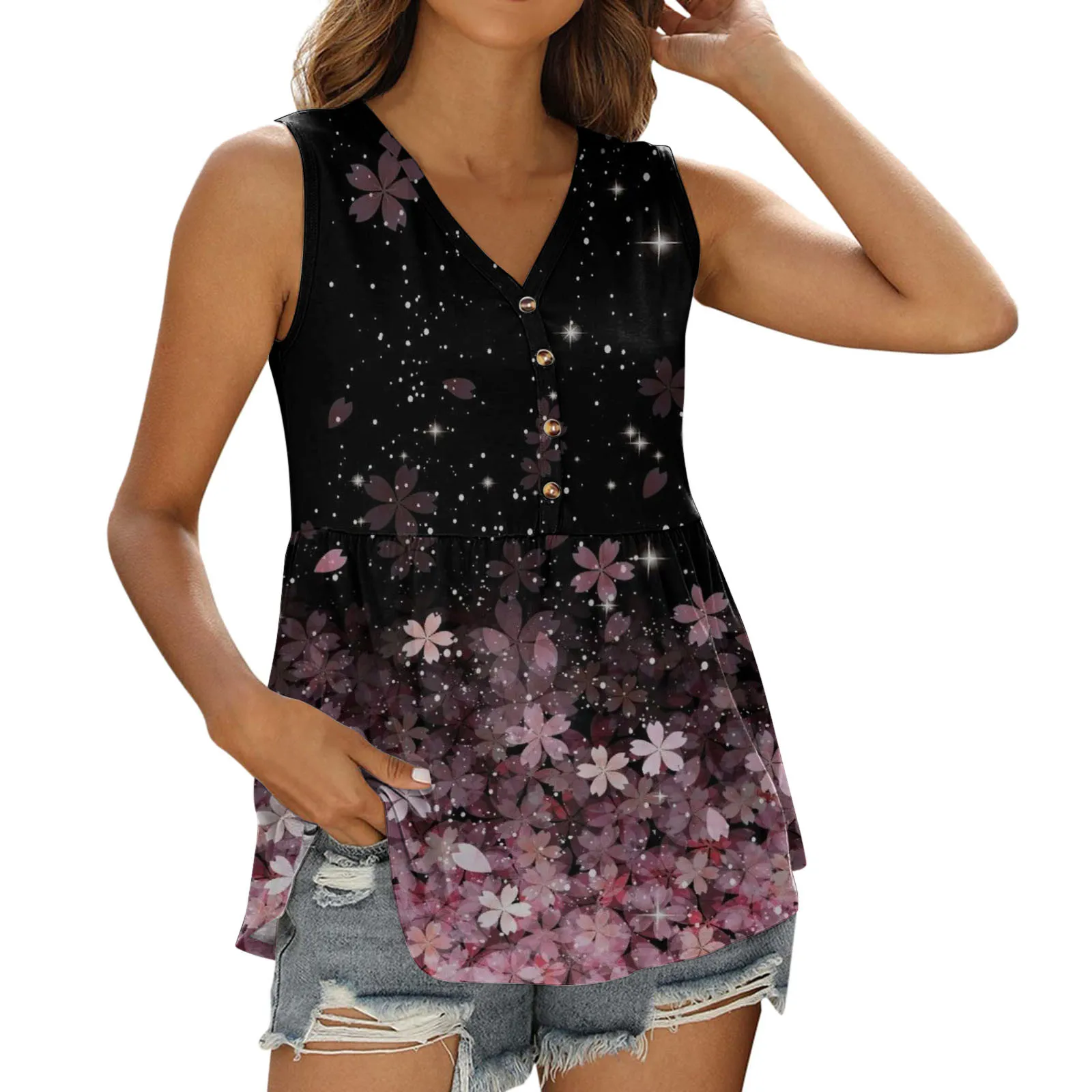 

Женский топ-туника на пуговицах с V-образным вырезом без рукавов