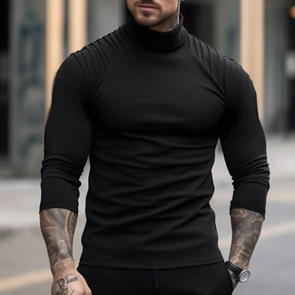 

Casual Men's T-shirts Turtleneck Jumper Pullover Fold Shoulder Raglan Sleeve Solid Color T Shirt Tops Clothing