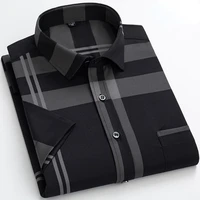 new mens summer short sleeved plaid shirt bronzing stretch anti wrinkle everyday casual with pocket dads square collar shirt