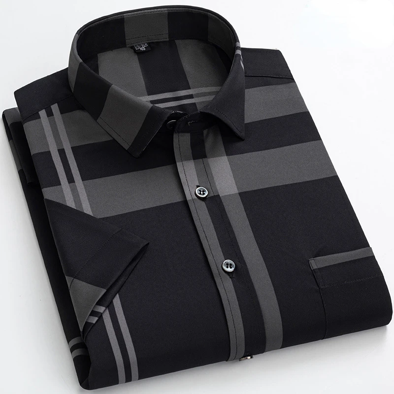 New men's summer short-sleeved plaid shirt bronzing stretch anti-wrinkle everyday casual with pocket dad's square collar |