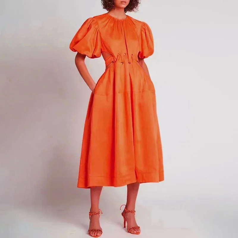 

Temperament Light Familiar Style Dress 2022 Autumn New Fashion Round Neck Puff Sleeves Open Waist Drawstring Ruffle Skirt Women