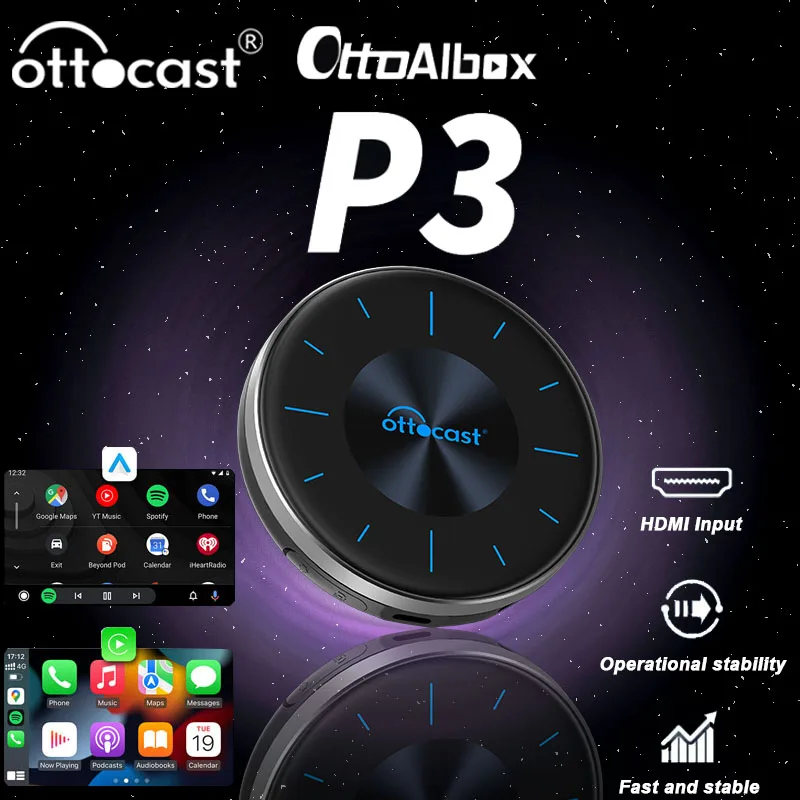Ottocast P3 AI Box Беспроводной адаптер CarPlay Android Auto HDMI Мультимедийный видеоконвертер TV