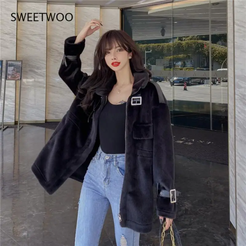 Winter Soft Warm Thick Faux Fur Coat Women Drop Shoulder Long Sleeve Zipper Drawstring Fluffy Jacket Korean Fashion Slim 2022
