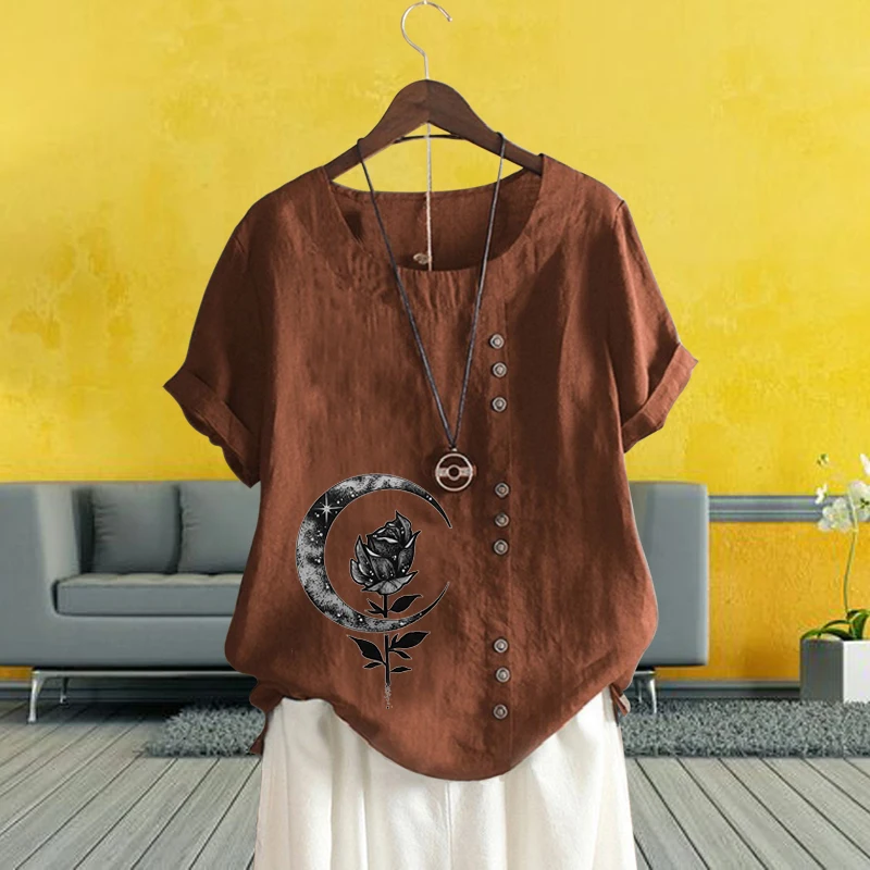 

New Fashion Leisure Charming Flower Printed Blouse Vintage Short Sleeve Loose Solid Shirt Cotton Linen Round Neck Tops XS-5XL