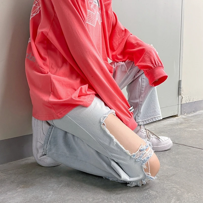 Spring/Summer Men's Big Ripped Blue Jeans Korean Fashion Streetwear Denim Straight Ankle-Length Pants Male Brand