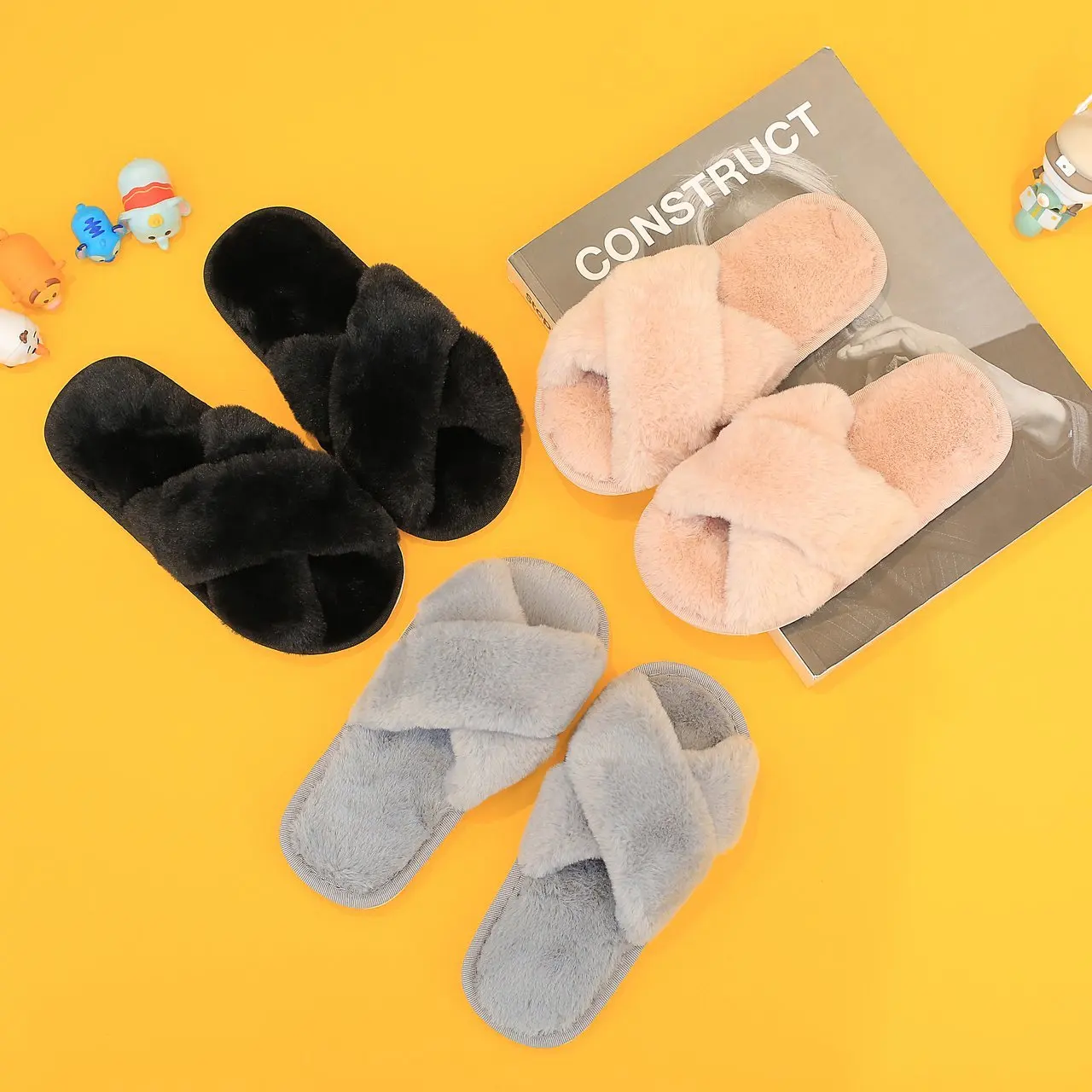

Winter New Solid Indoor Children Fur Slippers Lightweight Non-slip Home Kids Plush Shoes Boys Girls Cross Band Fluffy Slides