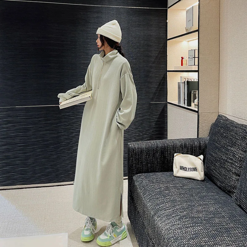 

Осень-весна 2023, корейские толстовки с длинным рукавом, женское платье, свободные женские длинные платья макси со стоячим воротником для женщин