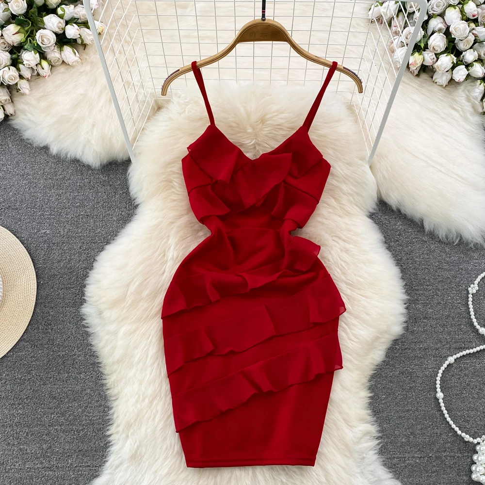 

Модное сексуальное облегающее пляжное платье без бретелек с оборками