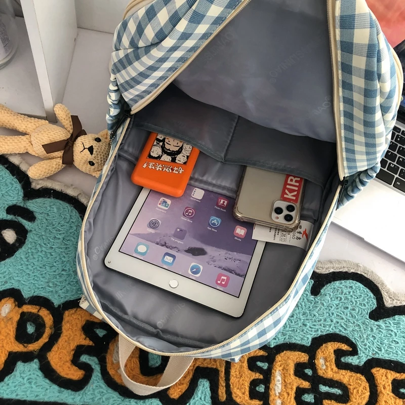 Campus Backpack Casual Simple Plaid Junior High School College Students Double Shoulder Bag Large Capacity New Korean Version Of