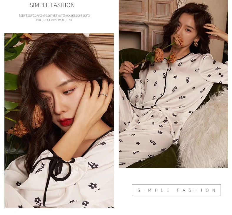 Pajamas women's new round neck bow cardigan imitation silk comfortable homewear suit ladies pajamas