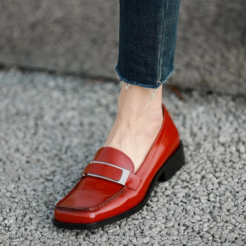 

Туфли женские из натуральной воловьей кожи, квадратный носок, плоская подошва, с пряжкой, удобные лоферы, без застежки, в британском стиле, повседневная простая обувь