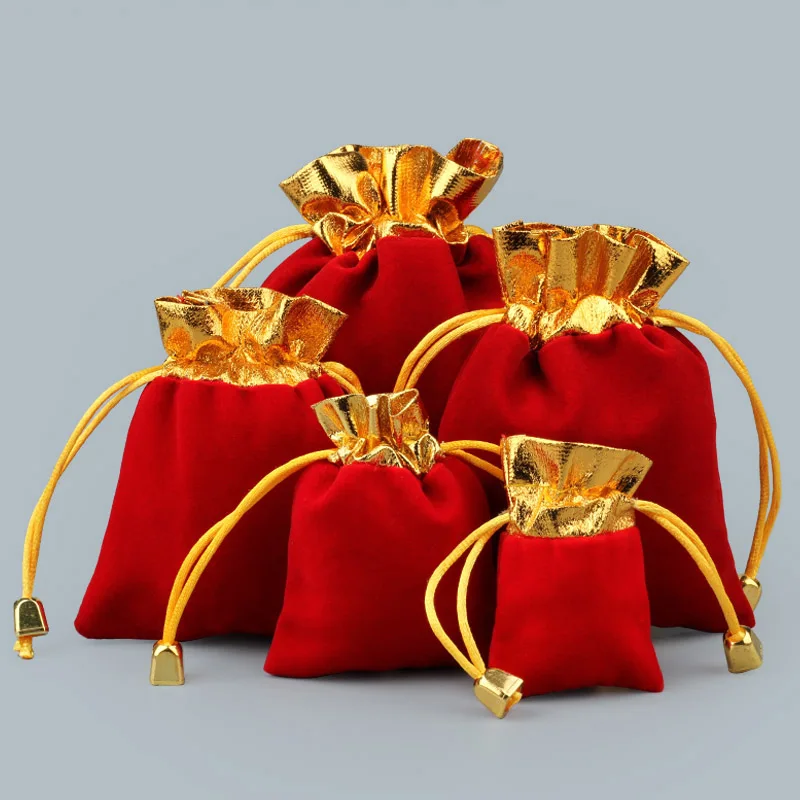 

20Pcs Bulk Red Gold Trim Velvet Drawstring Pouch Bag 12x15cm Jewelry Necklace Ring Organizer DIY Bags Wedding Favor Goodie Bags