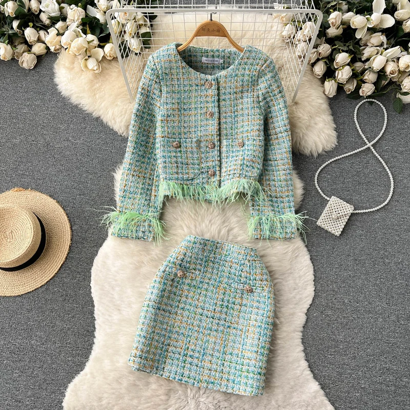 Fall Winter Elegant Tweed Plaid Skirt Sets Women Sweet Chic Feather Pocket Woolen Jackets Mini Skirts Suit Korean Female Outfits