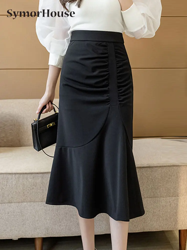 

Юбка-миди Женская Офисная со складками и оборками, модная повседневная офисная юбка-годе с завышенной талией, в Корейском стиле, лето-осень