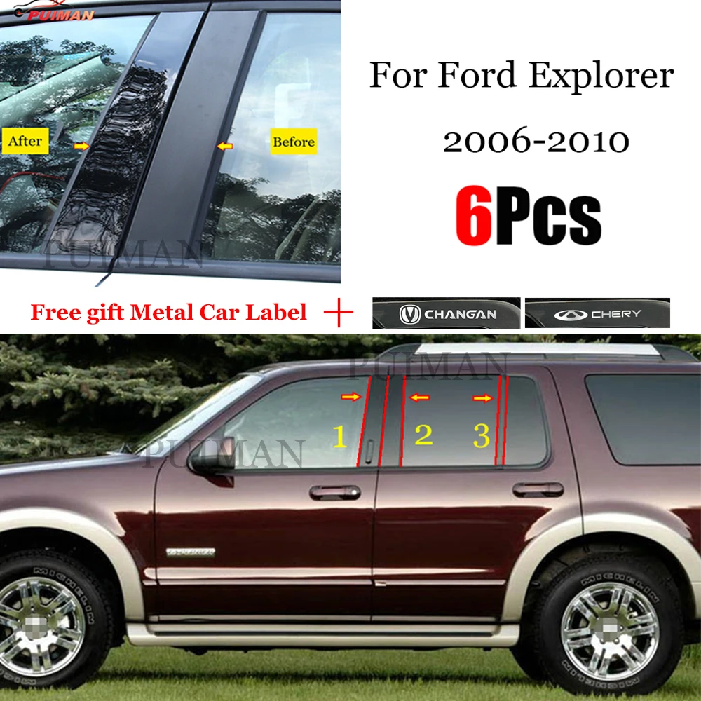 

6PCS Black Car Door Window Column BC Pillar Post Trim PC Material Sticker Fit For Ford Explorer 2006 - 2010