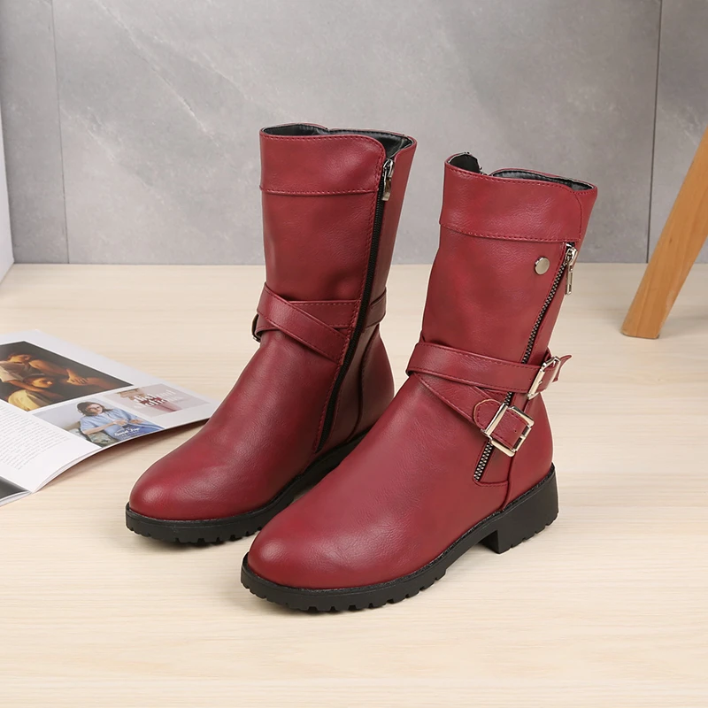 

Pmwrun 2022 Autumn Winter New Foreign Trade Low-heeled Color Belt Buckle Women's Boots European and American Style Short Boots