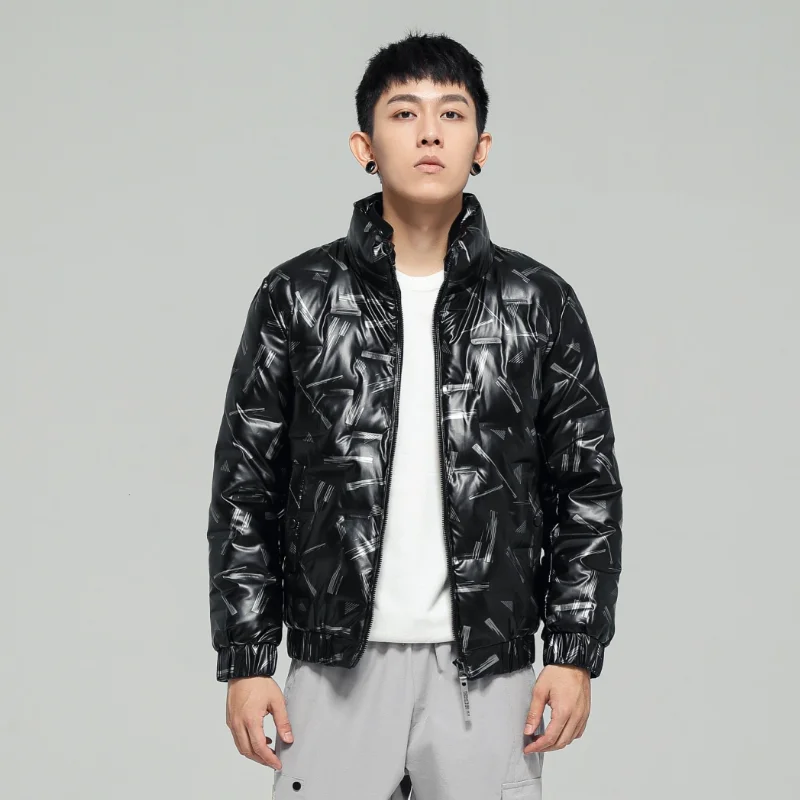 

Новинка Зима 2023, мужские глянцевые пуховики, мужские повседневные приталенные пальто из белого утиного пуха с принтом, зимние теплые куртки