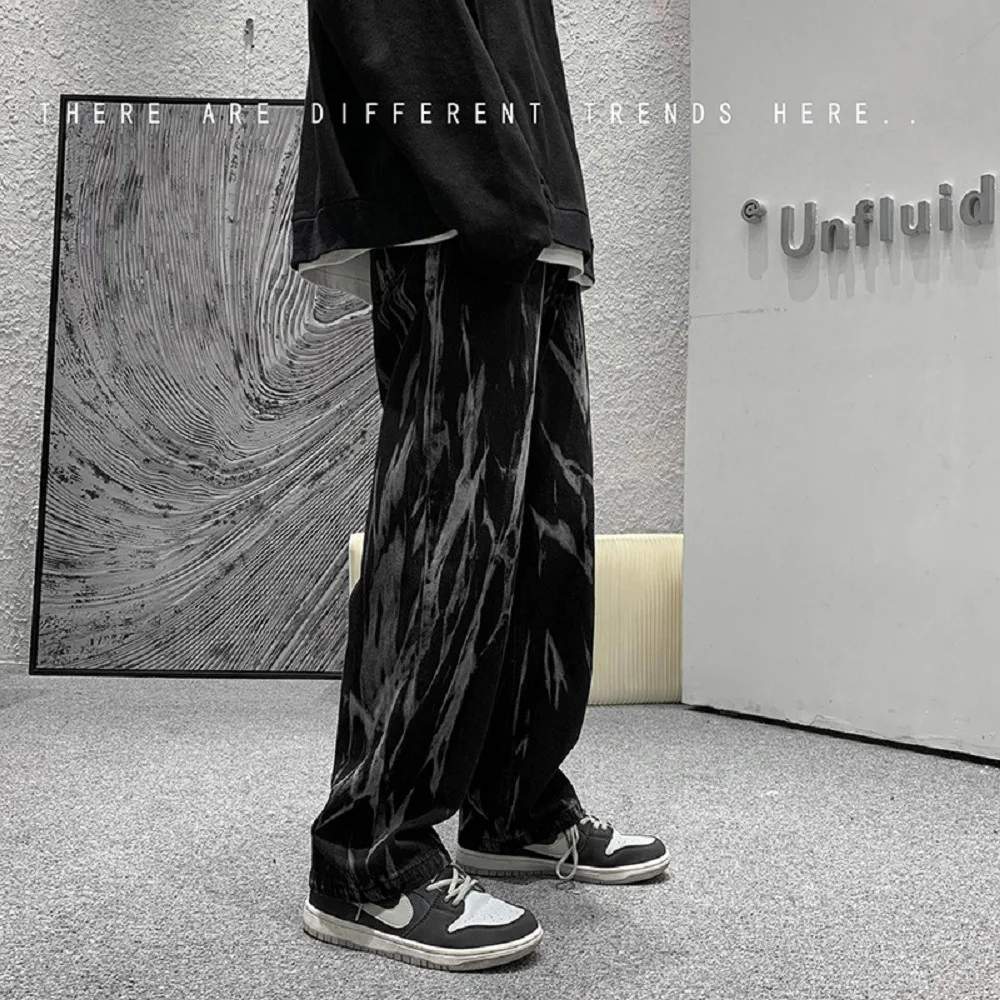 ICCLEK Retro Washed Jeans Autumn Men's Jeans Fashion Wide-leg Pants Loose Straight-leg Pants Patchwork Jeans