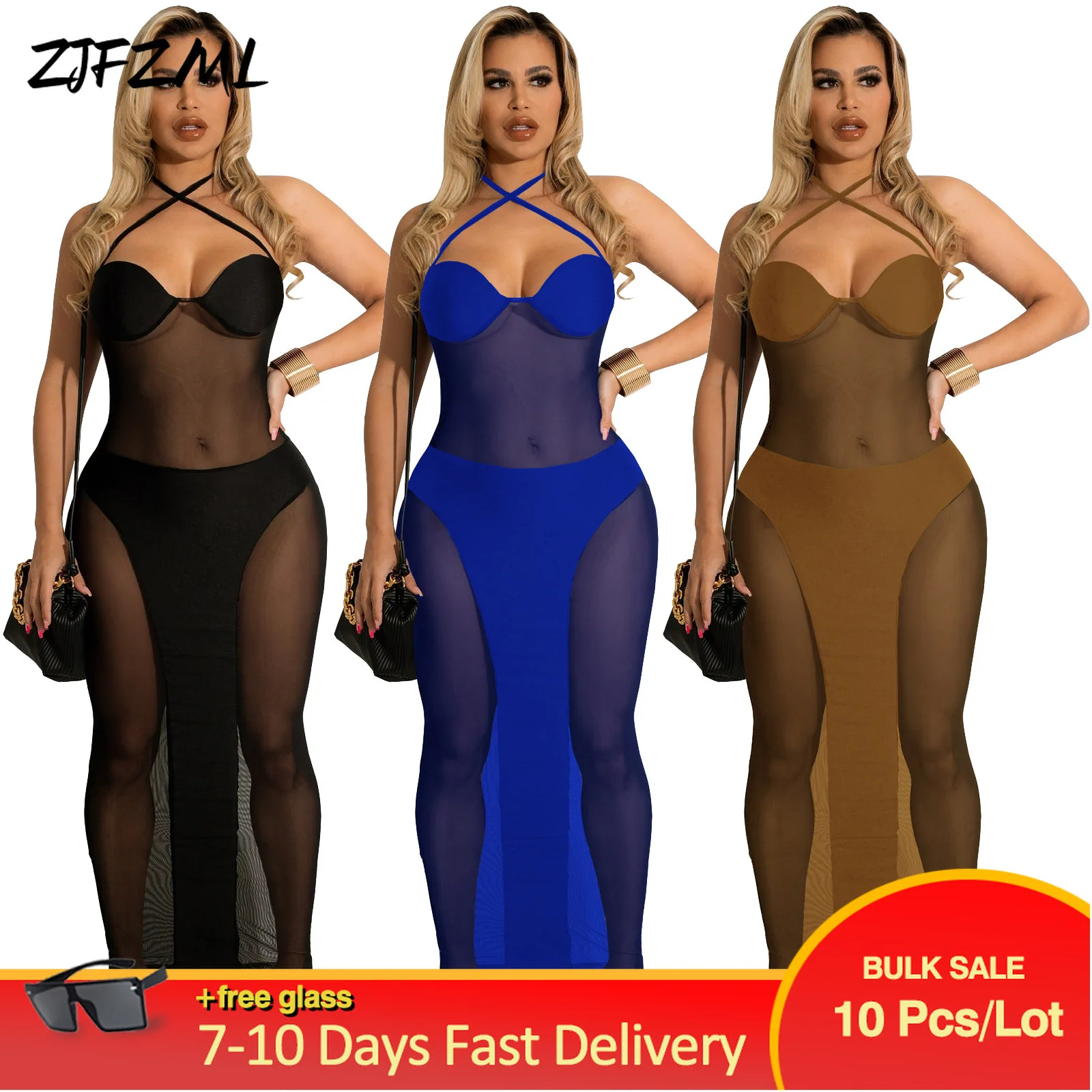 

Bulk Items Wholesale Lots Grace Mesh Dress for Women Prom Unique Design Perspective Halter Backless Soft Ladies Chic Vestidos