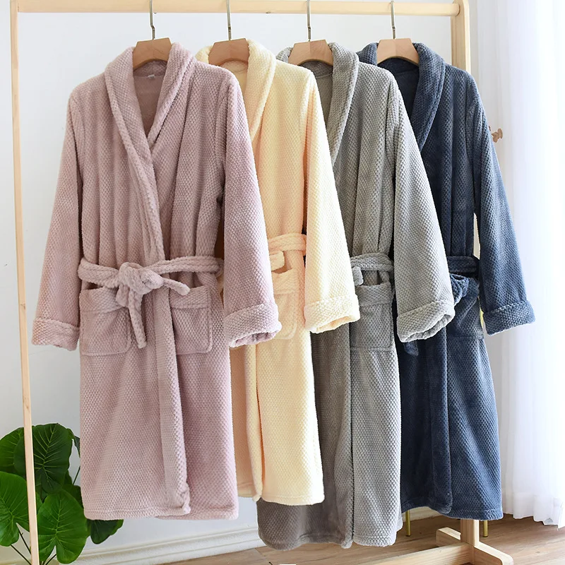 

Women Thick Bathrobes Men's Autumn / Winter Flannel Couple Nightgown Extended Thermal Loungewear Long Sleeve Robes Home Pajamas