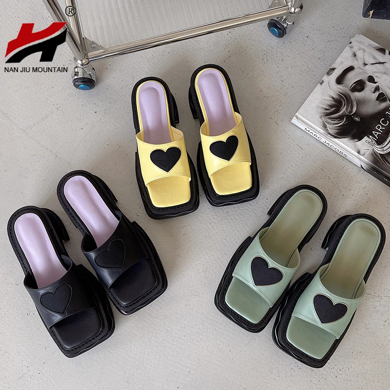 2022 Summer Sandals Platform Shoes Women Slippers JK Square Toe Beach Slippers Square Heel Woman Shoes