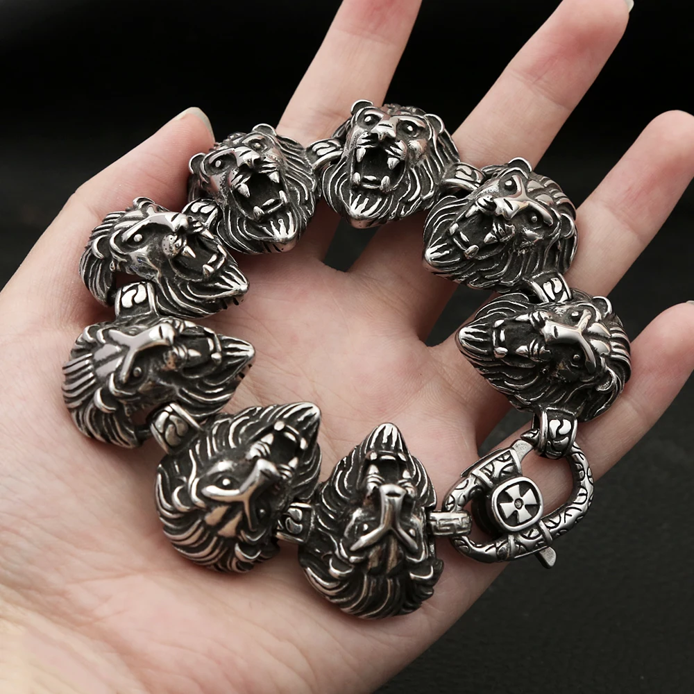 

Vintage Stainless Steel Lion Heads Chain Bracelet For Men Boys Punk Hip Hop Fashion Animals Bracelets Biker Heavy Male Jewelry