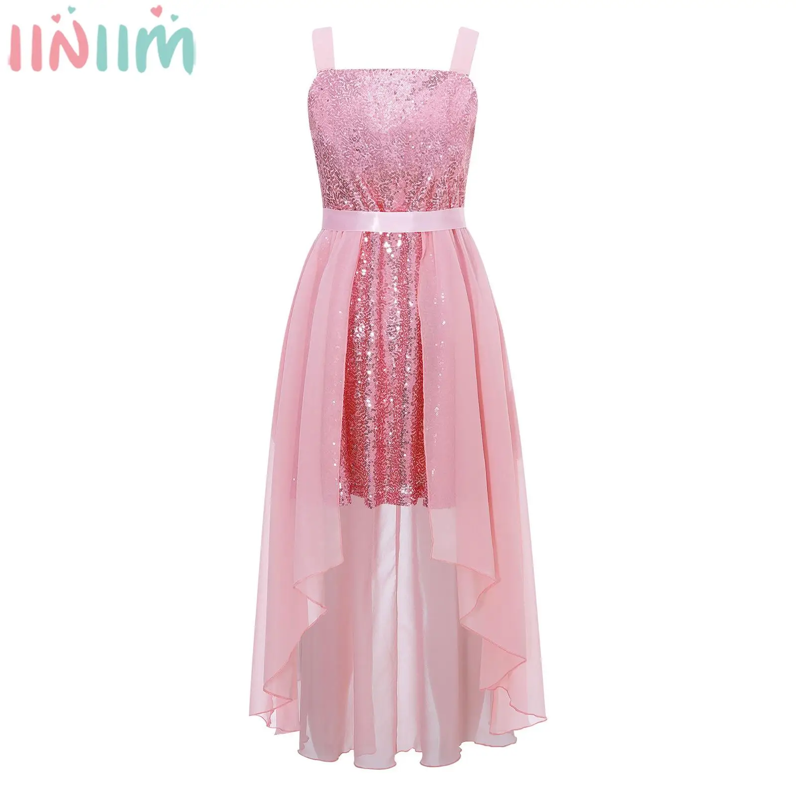 

Kids Girls Shiny Sequin Party Dress Child Sleeveless Chiffon Split Dress with Satin Sash for Wedding Birthday Stage Performance