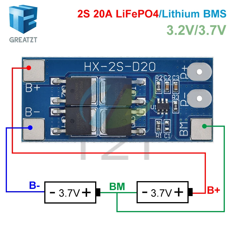 Плата защиты аккумуляторов LiFePO4  литиевых 18650 32650 GREATZT 2S 6.4V 7.4V 20A с рабочим током 13А и ограничением тока 20А (art.: 3920dc2e46c05) - 3920dc2e46c05