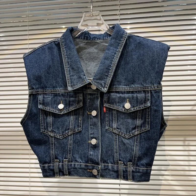 

J GIRLS 2022 Autumn New Arrivals Sleeveless Turn Down Collar Double Pockets Blue Denim Vest Women Jacket GG217