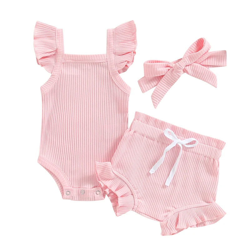 

Infant Baby Girl Summer Clothes Solid Ribbed Ruffle Sleeveless Romper Drawstring Bloomer Shorts Headband Outfit