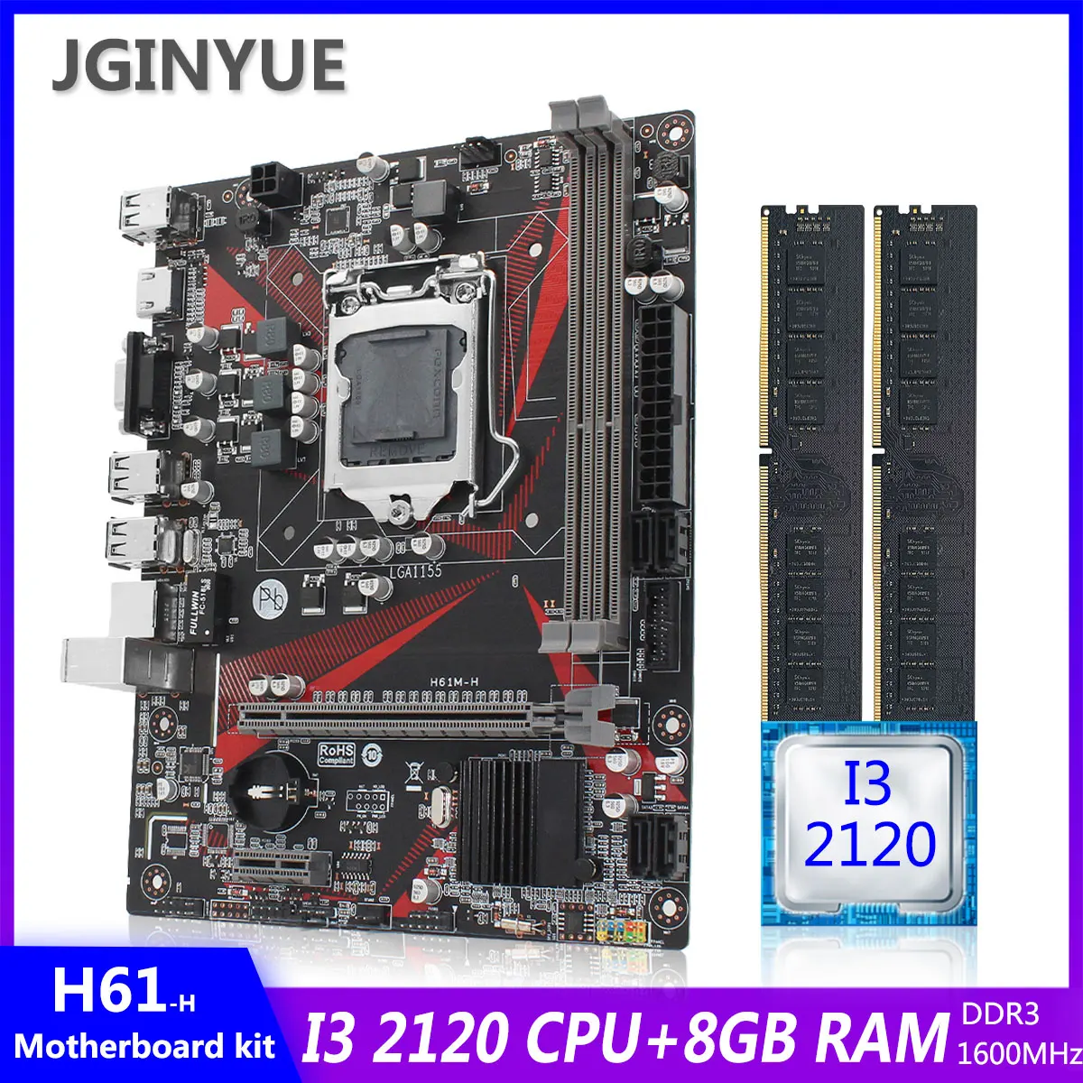 

JGINYUE H61 Motherboard LGA 1155 Motherboard whit I3 2120 CPU Processor DDR3 2pcs*4G=8GB Desktop Memory RAM VGA USB 3.0 H61M-H