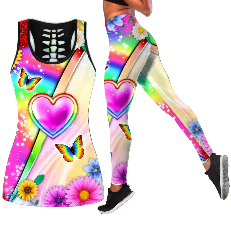 

Fashion Women Heart Butterfly Flower Hollow Tank Top + Leggings Yoga Outfit Fitness Leggings Athletic Set Xs-8Xl