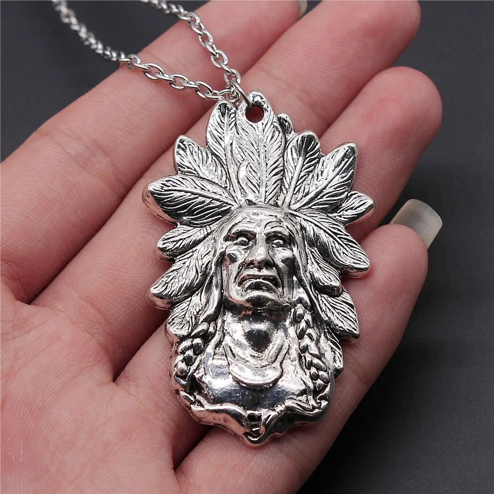

Dropshipping Antique Silver Plated 58x35mm Indian Chief Pendant Necklace For Women Men Long Chain Trendy Jewelry Accessories