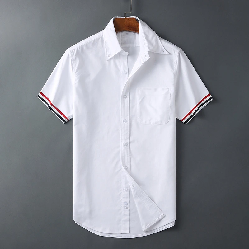 

TB THOM Men's Shirt Summer Fashion Brand RWB Stripe On Short Sleeve Casual Cotton Oxford Slim Fit Quality TB Shirt