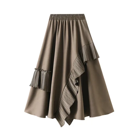 Женская элегантная Асимметричная длинная юбка с оборками, корейская мода, женская плиссированная однотонная трапециевидная юбка с высокой талией, осень 2022, K18