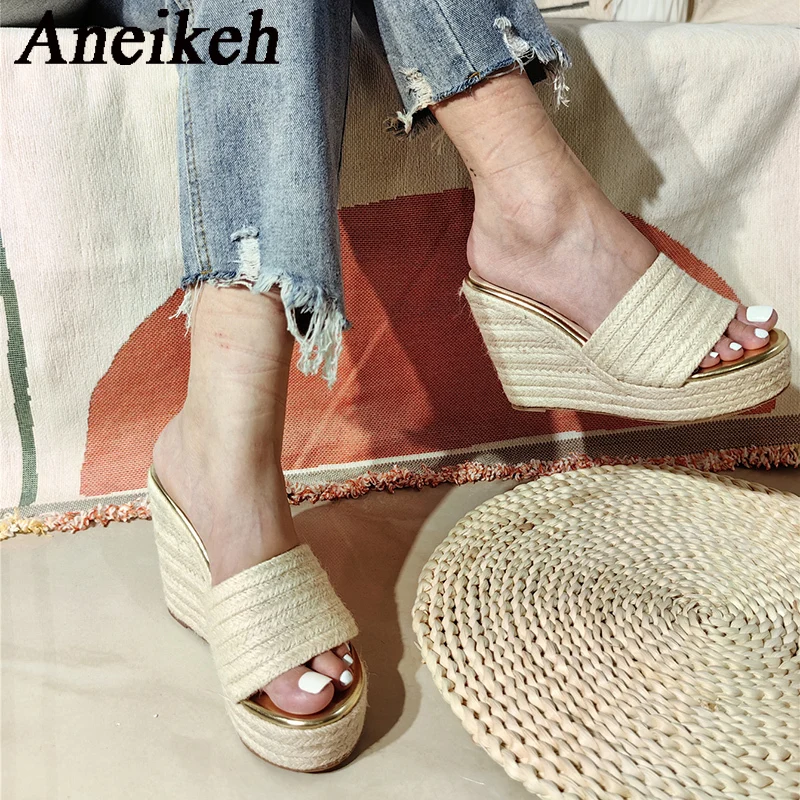 

Женские летние пляжные повседневные шлепанцы Aneikeh2024 с открытым носком, элегантные сандалии на платформе и танкетке из пеньковой тесьмы, женская обувь