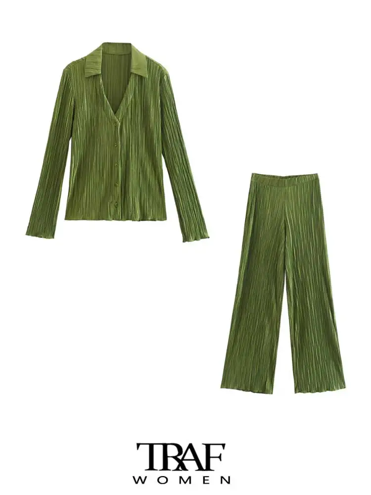 

TRAF Women Fashion Pleated Green Shirts And High Elastic Waist Flare Pants Female Two Piece Sets Mujer