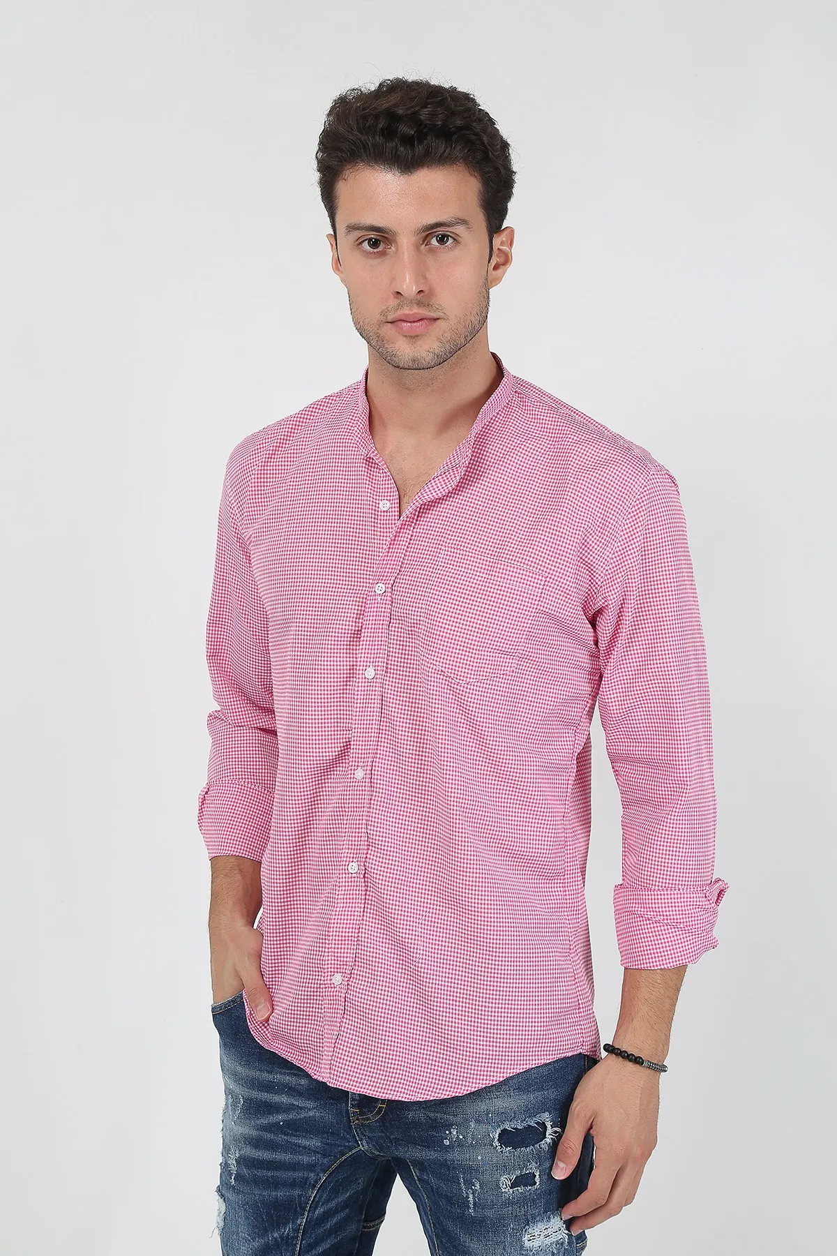 Therapy Men Male Plaid Crew Neck Long Sleeve Shirt 21Y-4300597-2 Pink