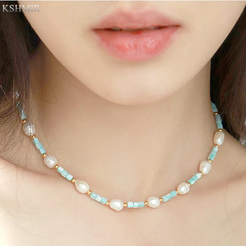

kshmir's new Baroque pearl necklace with mint green beaded exquisite niche design matches women's choker clavicle chain