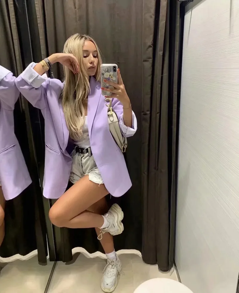 INS Purple Chic Blazer Suit Women Simple All Match Loose Casual Blazer New Office Lady Solid Colors Single Breasted Commute Suit