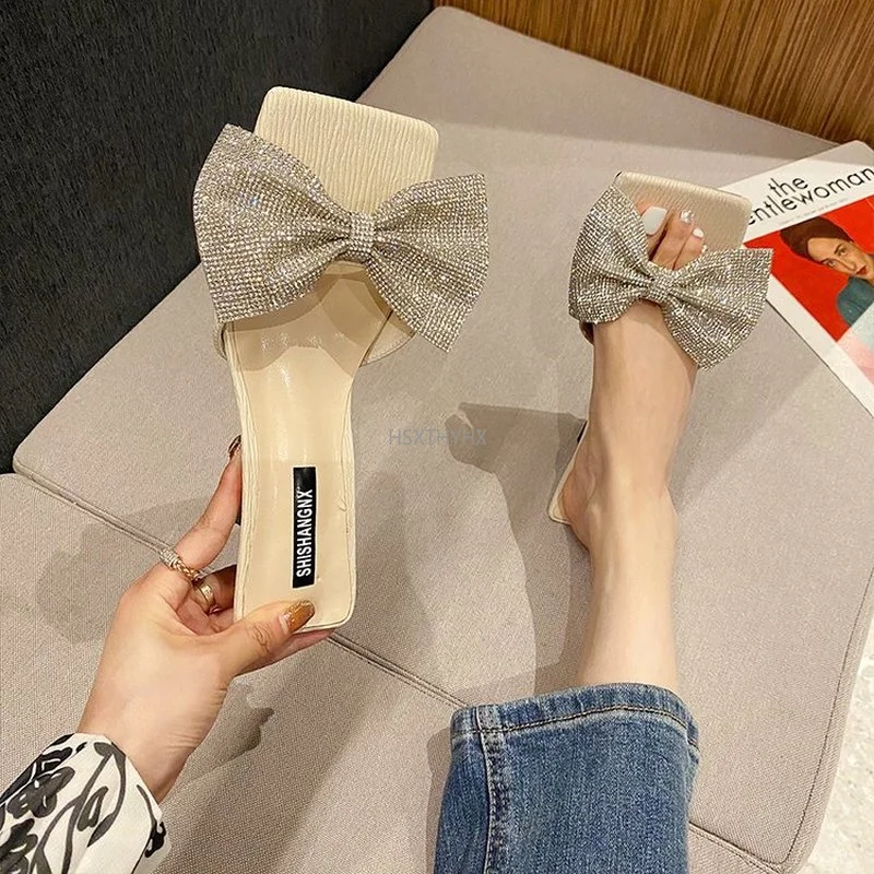 

Fairy Style Bow Rhinestone One-word Slippers2022summer Outer Wear 4 Cm Square Toe Open-toe Low-heeled Slippers Designer Sandals