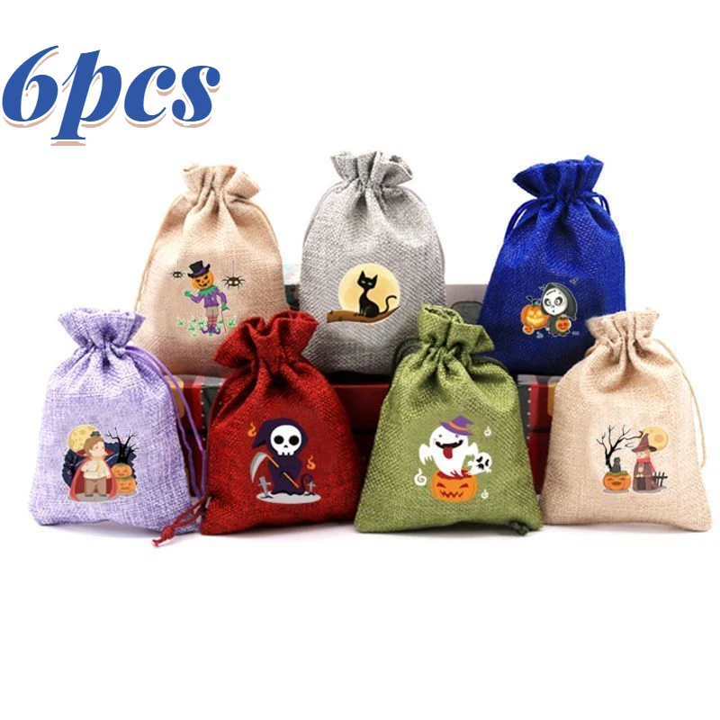 

6PCS Funny Halloween Candy Bag Cartoon Pattern To Ask Sugar Bag Snacks Biscuits Bunch Mouth Drawstring Bunch Mouth Small Bag