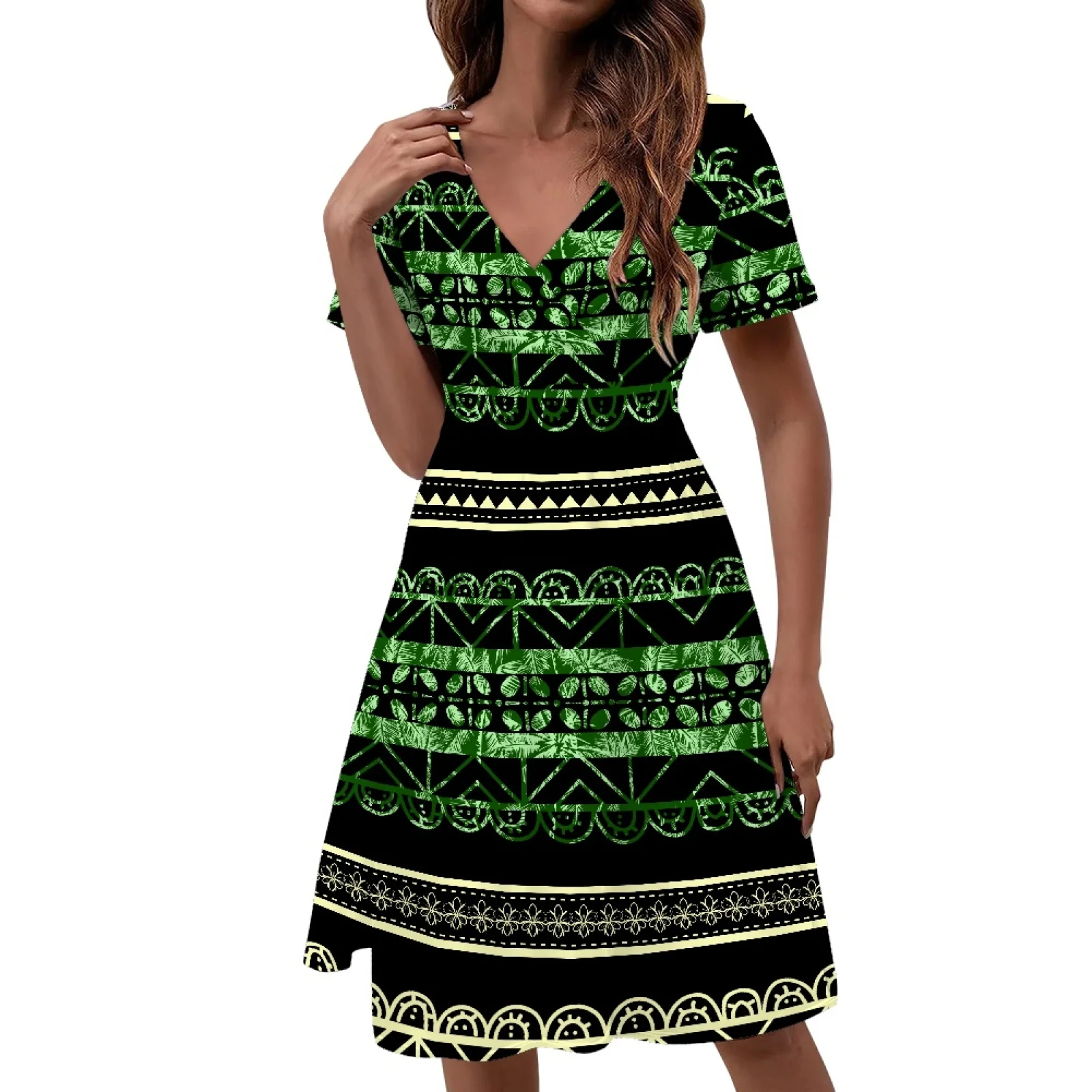 

Polynesian Tribal Fijian Totem Tattoo Fiji Prints Women Holiday Beach Party Dresses Chic Slim Sexy V-neck Short Sleeve Sundress